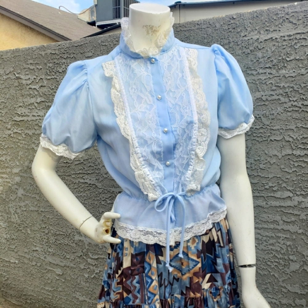 Vintage‎ 70's prairie western blouse / chambray blue puff sleeve